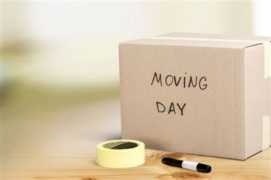 moving day box, pen and tape